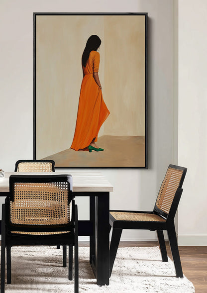 Woman in Orange Dress Green Heels Minimalist Painting