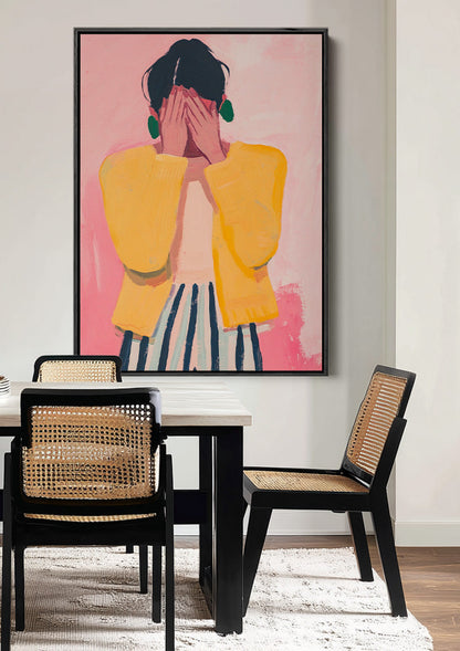Woman Hidden Face Yellow Sweater Pink Background Painting