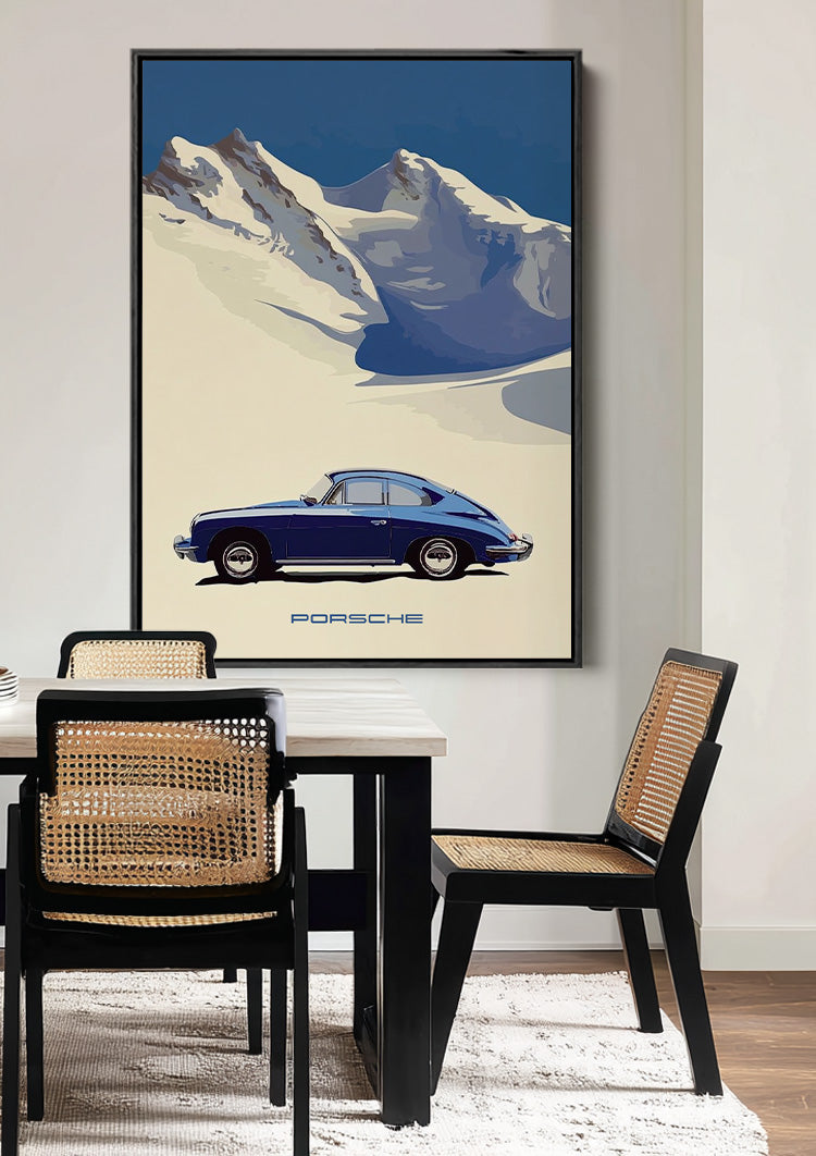 Blue Classic Car Snow Landscape Mountains Minimalist Painting