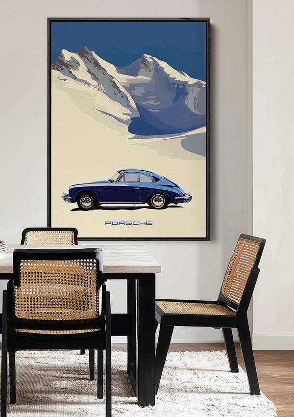 Blue Classic Car Snow Landscape Mountains Minimalist Painting