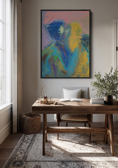 Zwei Figuren Abstrakt Pastell Blau Gelb Expressionistisches Gemälde