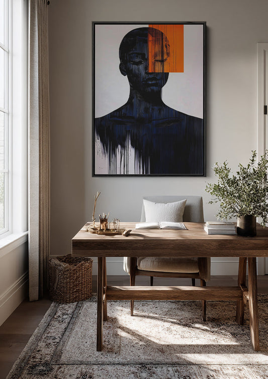 Abstrakte Silhouette mit oranger Fläche Leinwandbild an der Wand im Flur