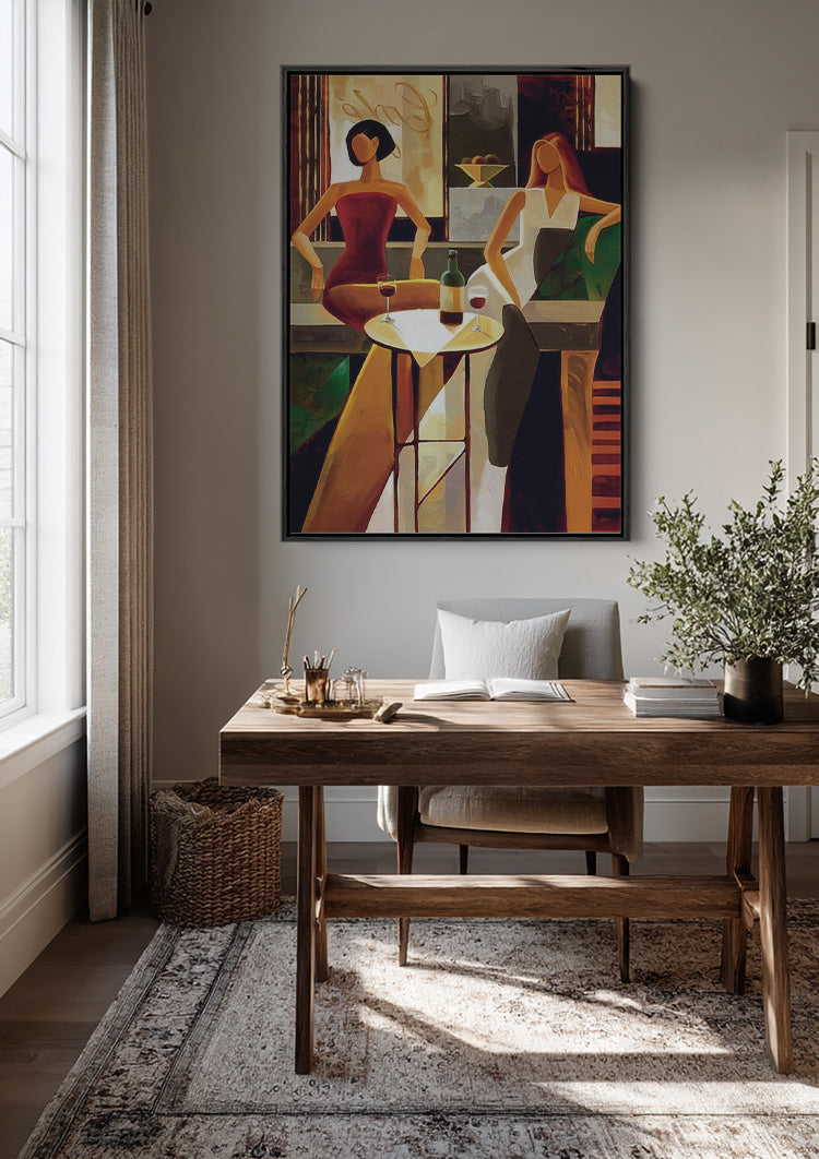 Two Women with Wine in Bar Warm Styled Painting