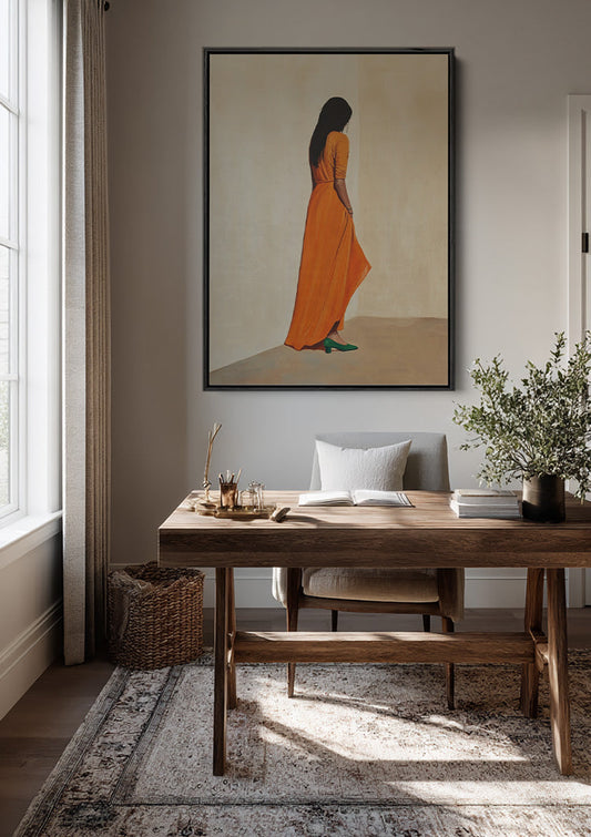 Frau im orangen Kleid Leinwandbild an der Wand im Flur
