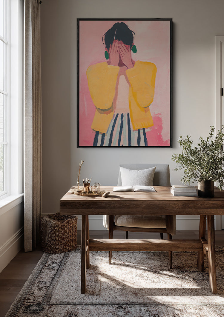 Woman Hidden Face Yellow Sweater Pink Background Painting