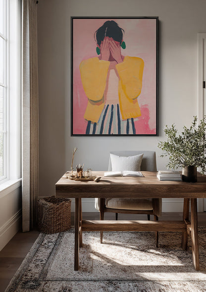 Woman Hidden Face Yellow Sweater Pink Background Painting