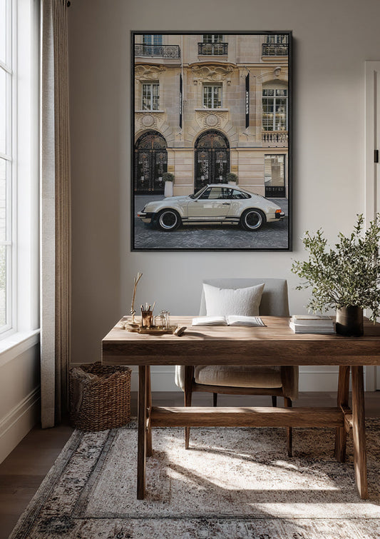 Silver sports car canvas painting on the wall in the bedroom
