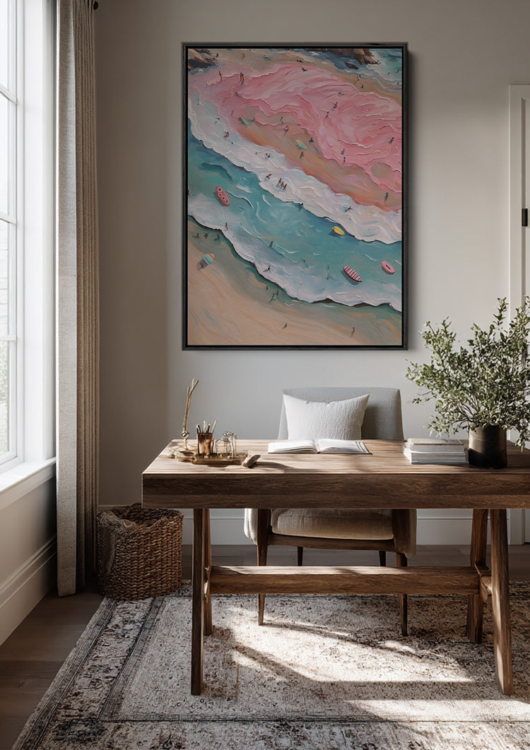 Pastel Beach Scene Pink Waves Turquoise Sea Abstract Painting
