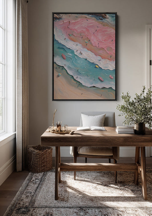Pastel Strandtafereel Roze Golven Turquoise Zee Abstract Canvas Schilderij