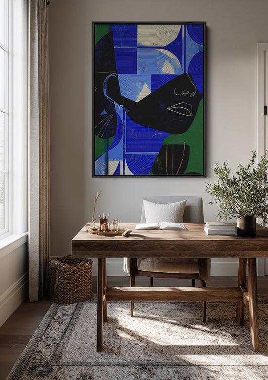 Geometric Face Blue Green Cubist Abstract Painting