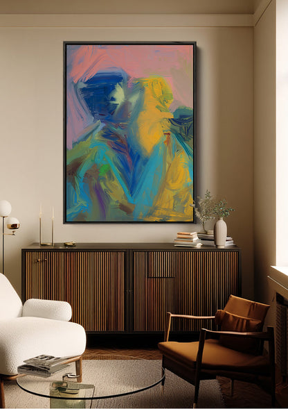 Zwei Figuren Abstrakt Pastell Blau Gelb Expressionistisches Gemälde