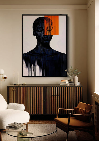 Donker Abstract Menselijk Silhouet Oranje Geometrisch Vlak Modern Schilderij