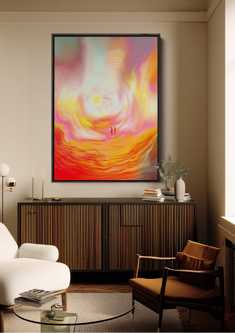 Two Figures Light Portal Orange Red Spiritual Abstract Painting