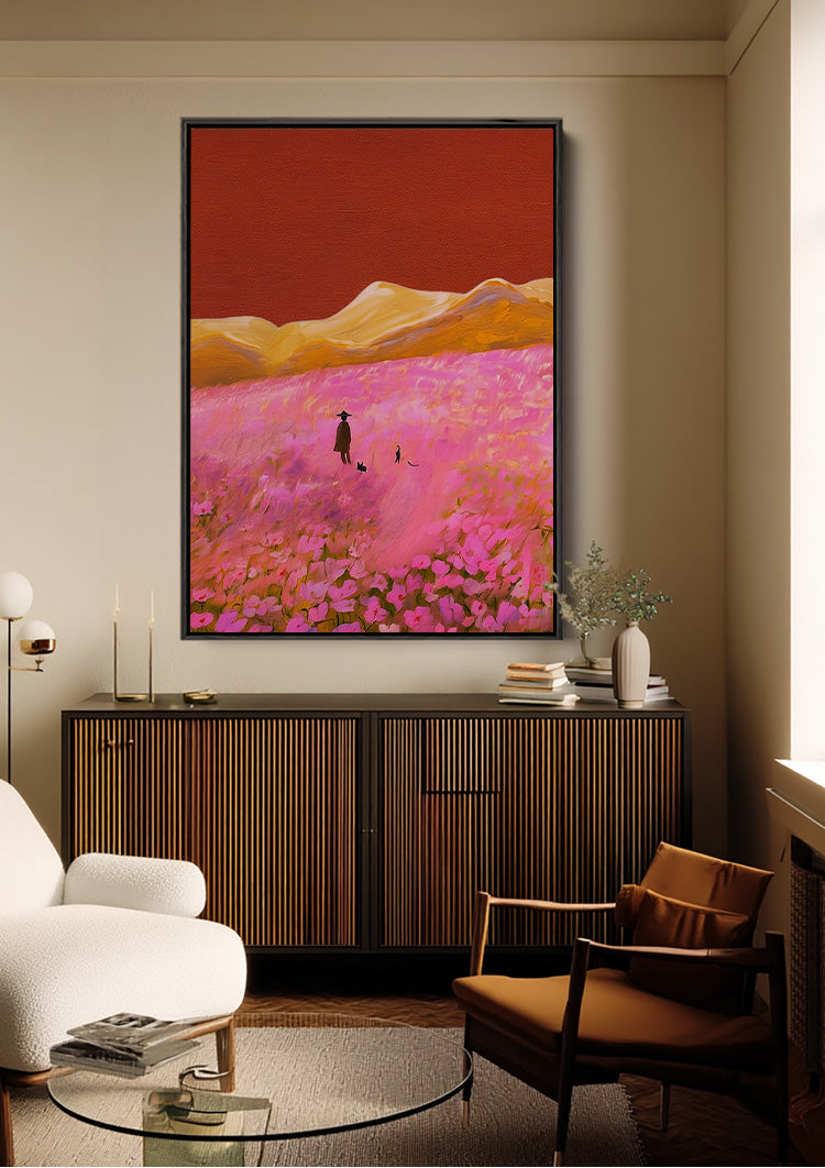 Roze Bloemenveld Eenzame Wandelaar Gouden Heuvels Dromerig Landschap Schilderij