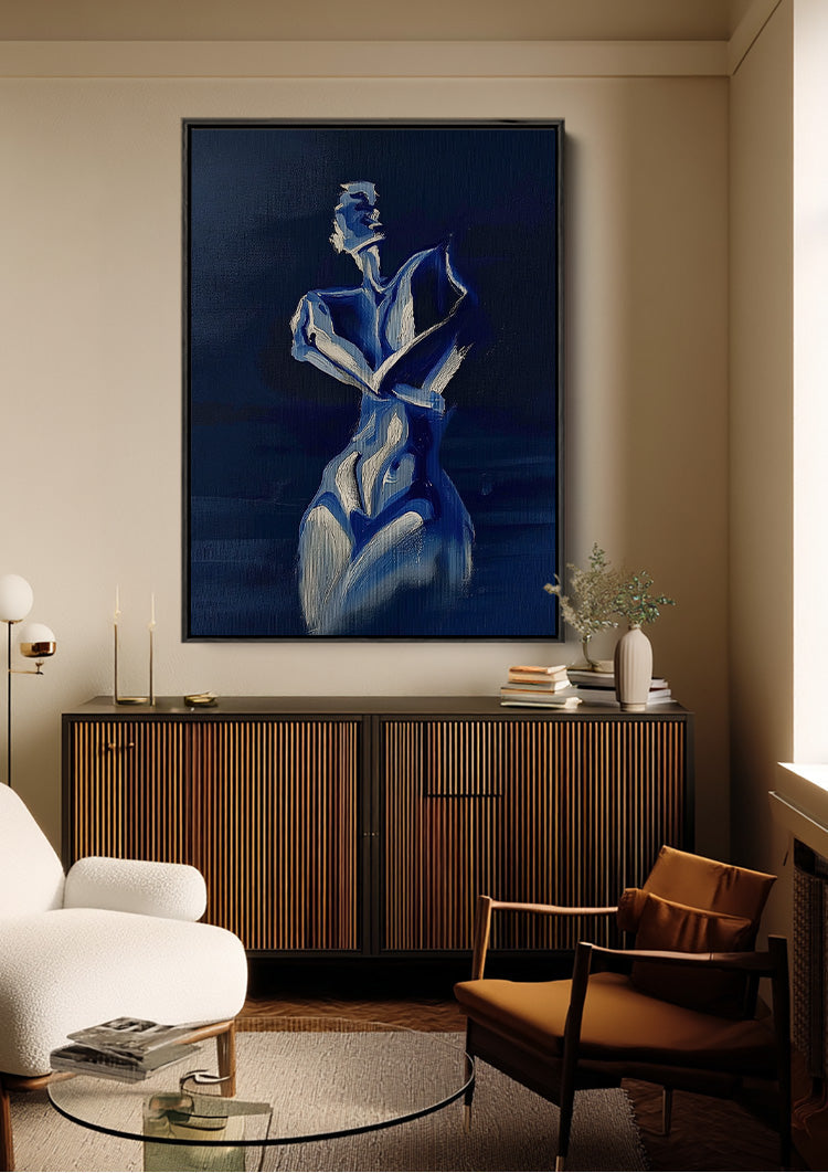 Elegant Female Figure in Deep Blue Expressive Nocturnal Painting