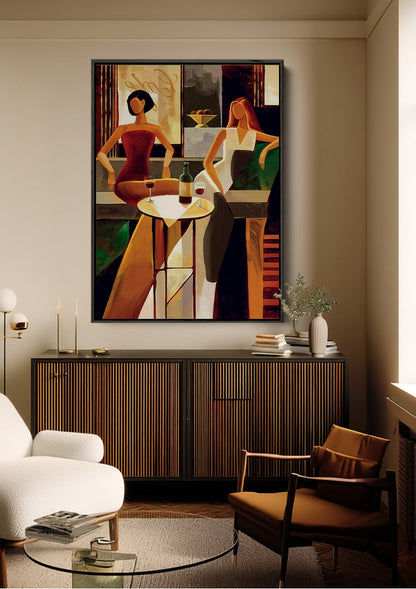 Two Women with Wine in Bar Warm Styled Painting