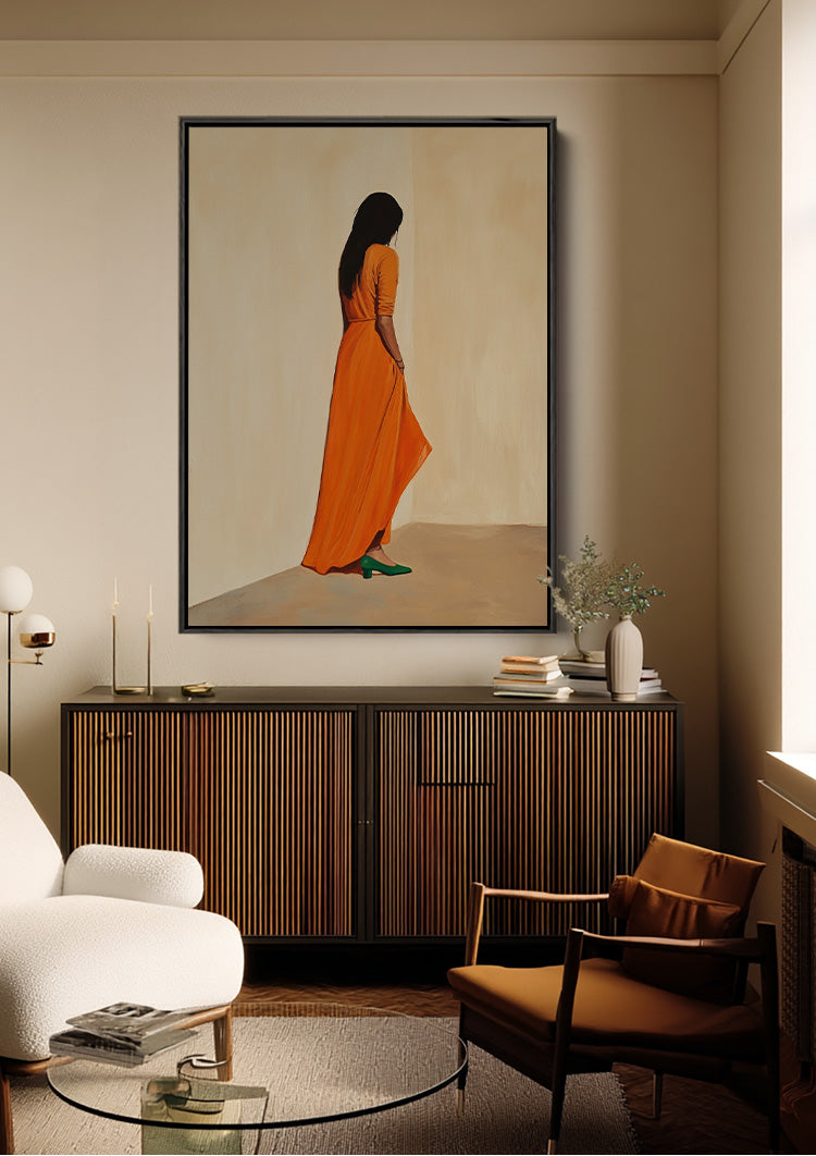 Woman in Orange Dress Green Heels Minimalist Painting