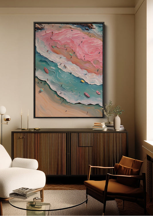 Pastel Strandtafereel Roze Golven Turquoise Zee Abstract Canvas Schilderij