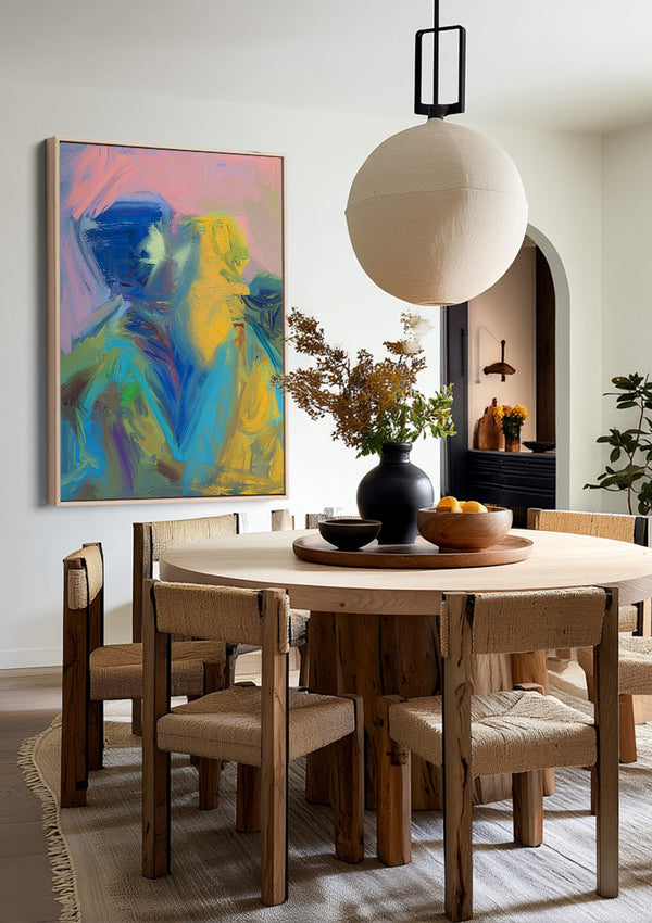Zwei Figuren Abstrakt Pastell Blau Gelb Expressionistisches Gemälde