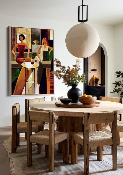 Two Women with Wine in Bar Warm Styled Painting