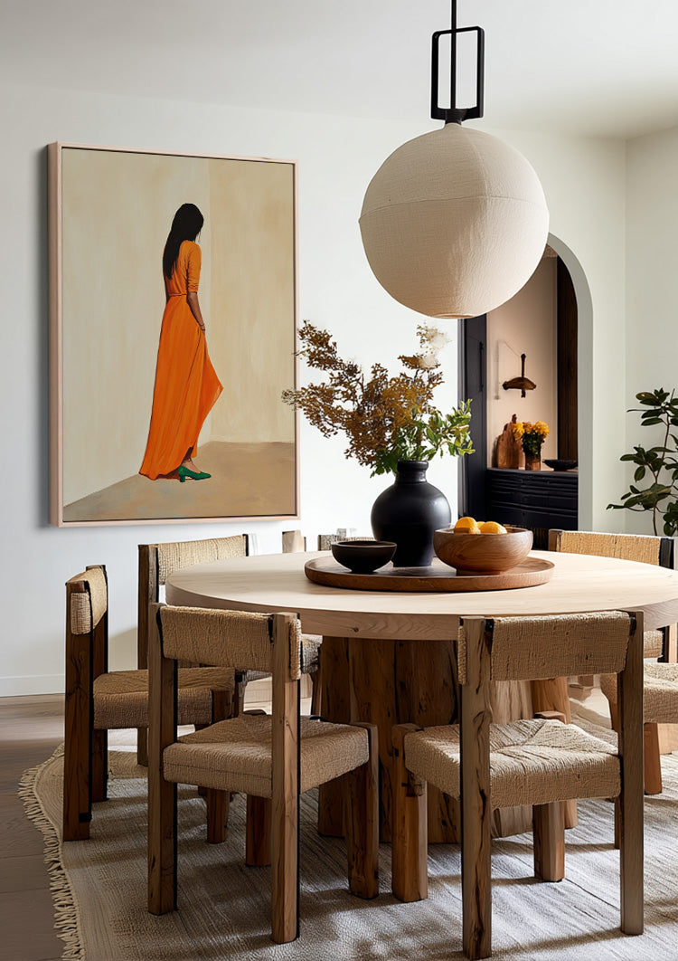 Woman in Orange Dress Green Heels Minimalist Painting