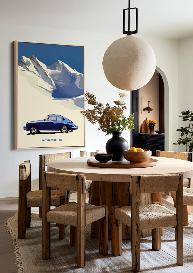 Blue Classic Car Snow Landscape Mountains Minimalist Painting