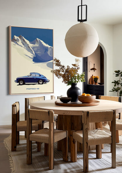 Blue Classic Car Snow Landscape Mountains Minimalist Painting