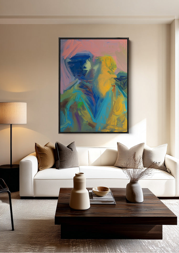 Zwei Figuren Abstrakt Pastell Blau Gelb Expressionistisches Gemälde