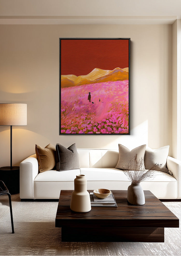Roze Bloemenveld Eenzame Wandelaar Gouden Heuvels Dromerig Landschap Schilderij