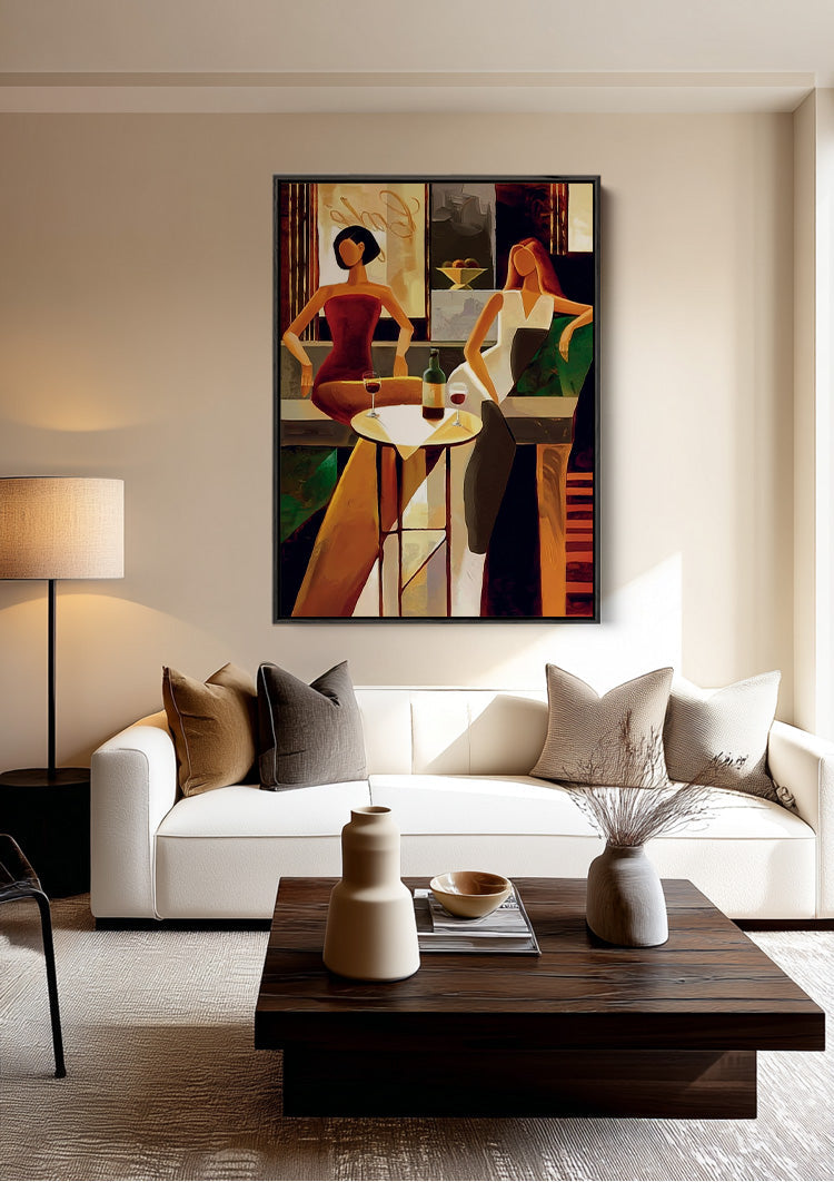 Two Women with Wine in Bar Warm Styled Painting