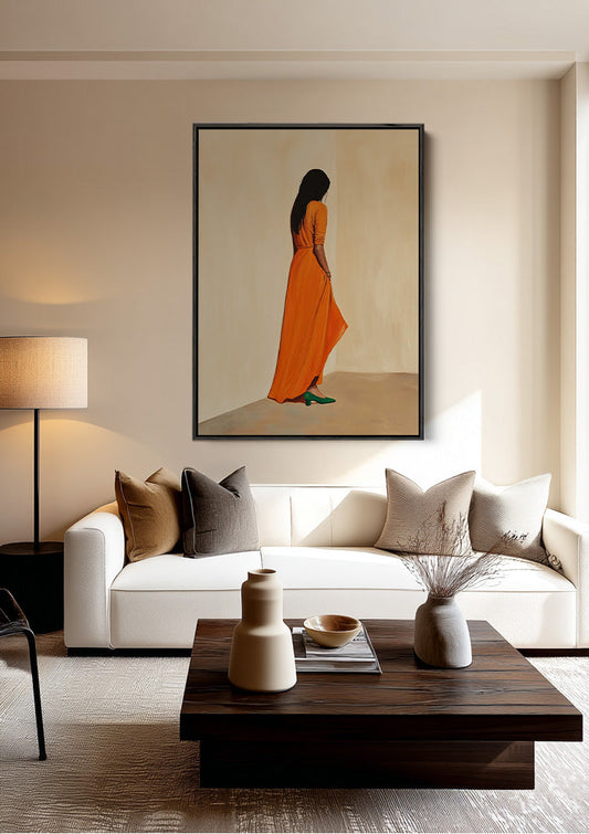 Frau im orangen Kleid Leinwandbild an der Wand über dem Bett im Schlafzimmer