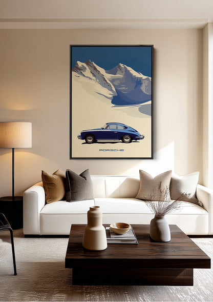 Blue Classic Car Snow Landscape Mountains Minimalist Painting