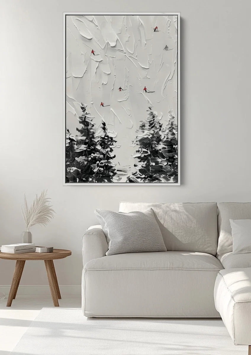 Besneeuwd Dennenbos Vogels Impasto Textuur Winterlandschap Schilderij