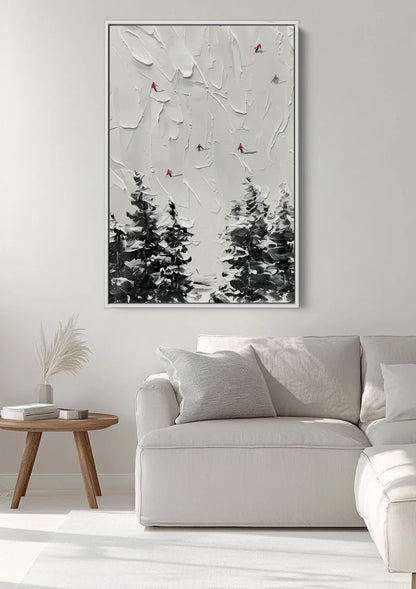 Besneeuwd Dennenbos Vogels Impasto Textuur Winterlandschap Schilderij