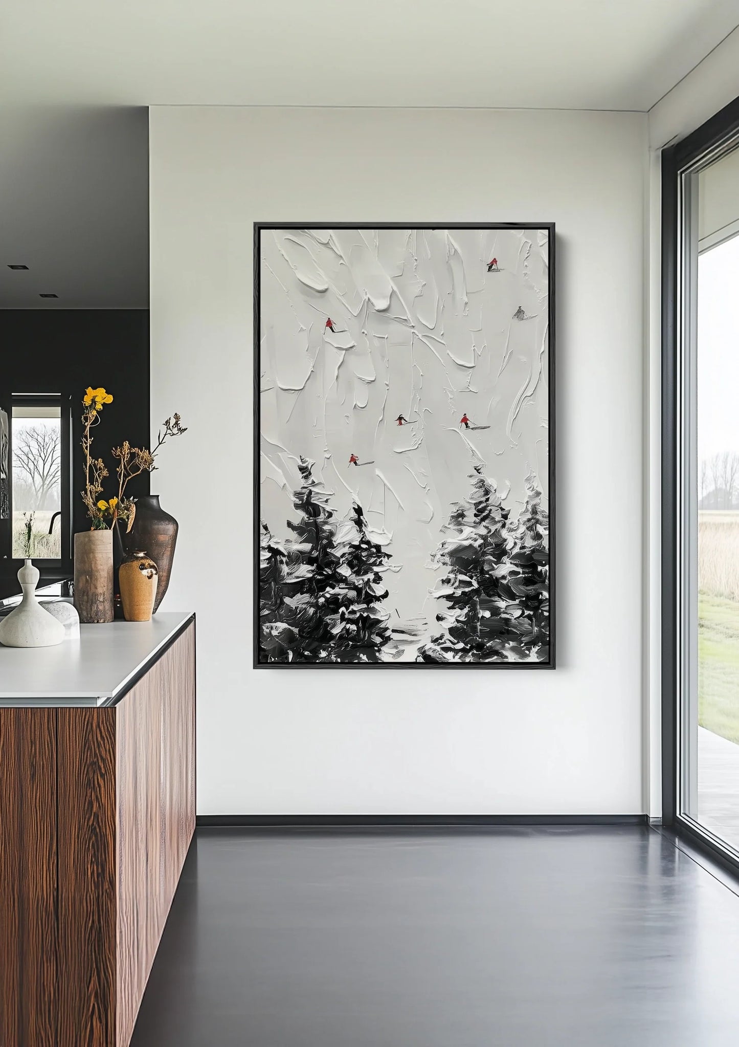 Besneeuwd Dennenbos Vogels Impasto Textuur Winterlandschap Schilderij
