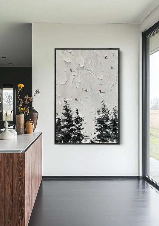 Dennenbos canvas schilderij aan de muur boven het bed in een rustige slaapkamer