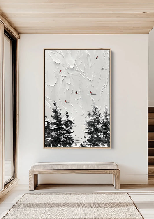 Dennenbos canvas schilderij aan de muur in een lichte hal bij de voordeur