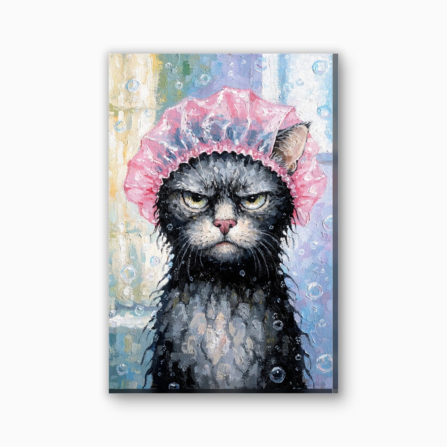 Kat met badmuts canvas schilderij in grijs en roze