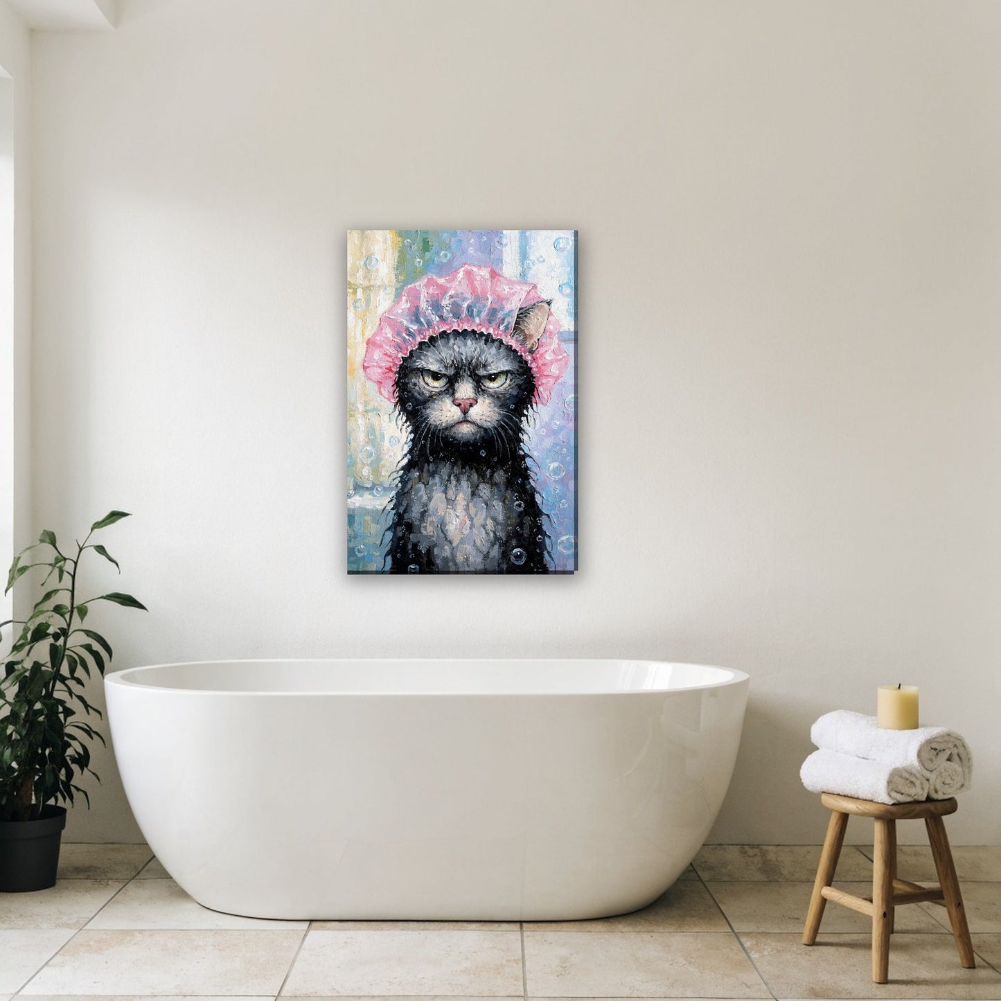 Kat met badmuts canvas schilderij aan de muur in de badkamer boven het bad