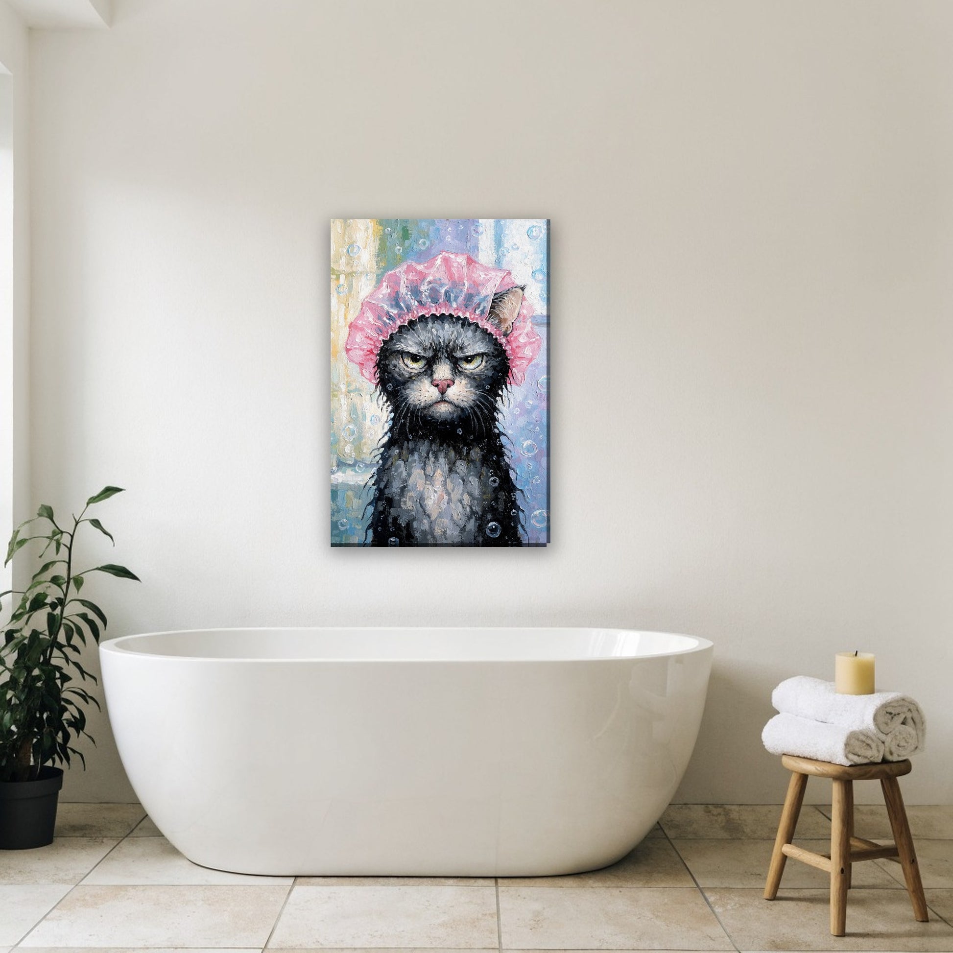 Kat met badmuts canvas schilderij aan de muur in de badkamer boven het bad