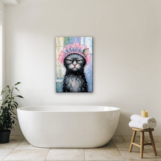 Kat met badmuts canvas schilderij aan de muur in de badkamer boven het bad