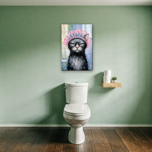 Kat met badmuts canvas schilderij aan de muur boven het toilet