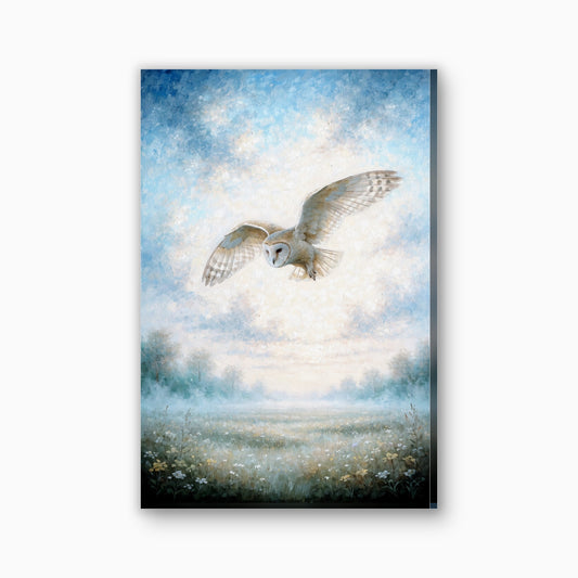 Kerkuil in vlucht canvas schilderij in creme en goudbeige