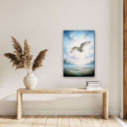 Kerkuil in vlucht canvas schilderij aan de muur in de hal boven een houten bank