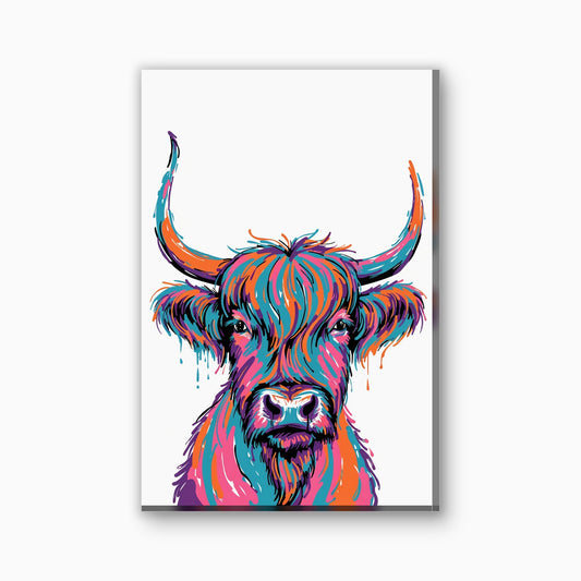 Kleurrijke hooglander in pop art canvas schilderij in turquoise en roze