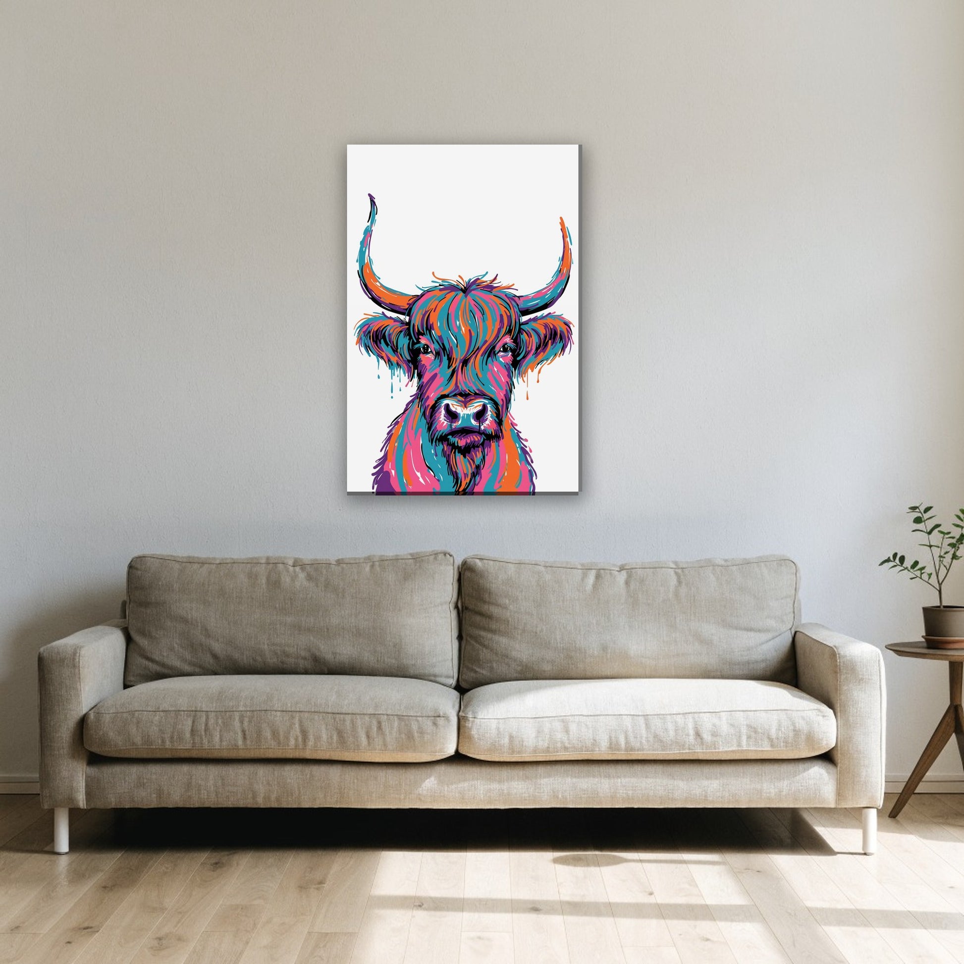 Colourful pop art highland cow canvas painting on the wall above the sofa in the living room