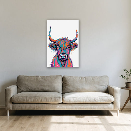 Kleurrijke hooglander in pop art canvas schilderij aan de muur boven de bank in de woonkamer