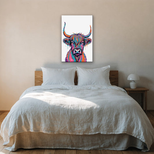 Kleurrijke hooglander in pop art canvas schilderij aan de muur boven het bed in de slaapkamer