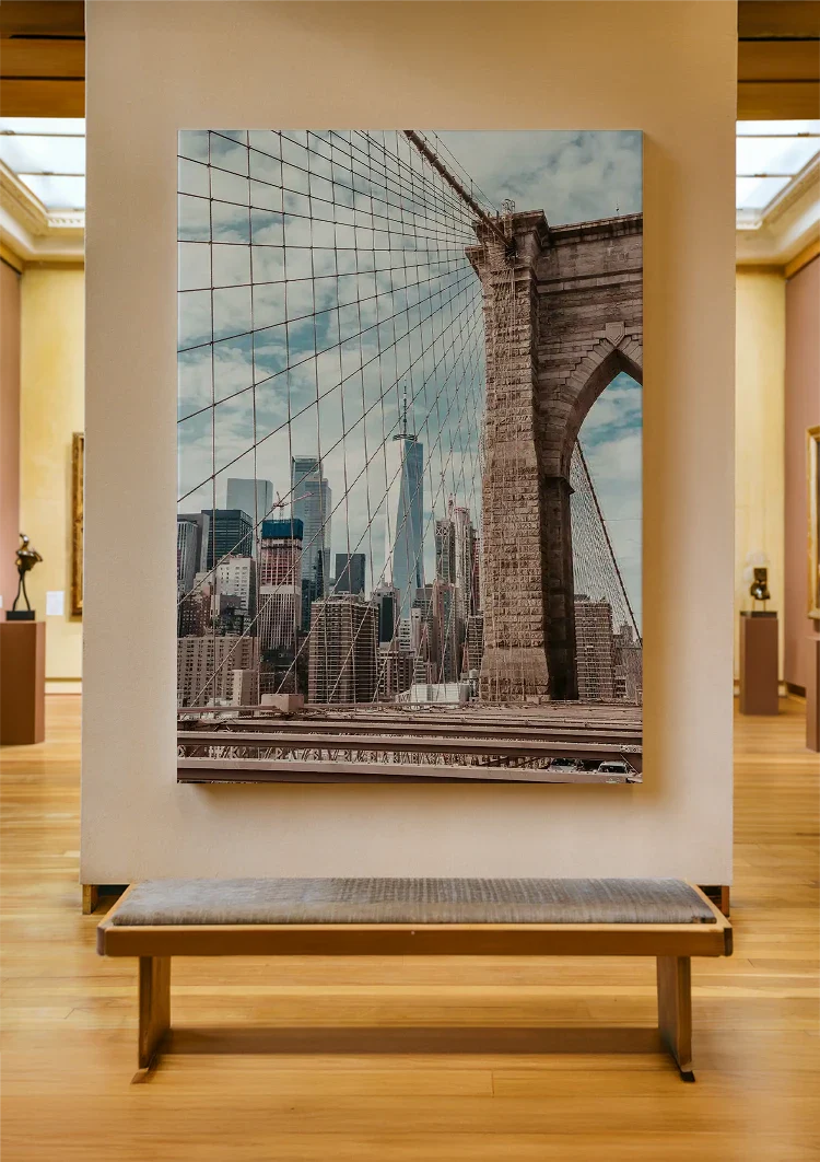 New York Skyline through Brooklyn Bridge Cables Cityscape Painting