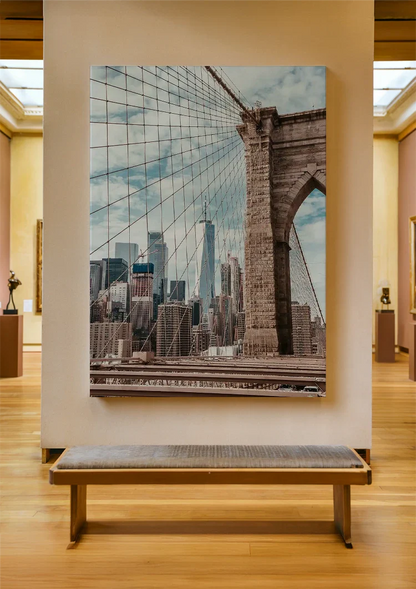 New York Skyline through Brooklyn Bridge Cables Cityscape Painting